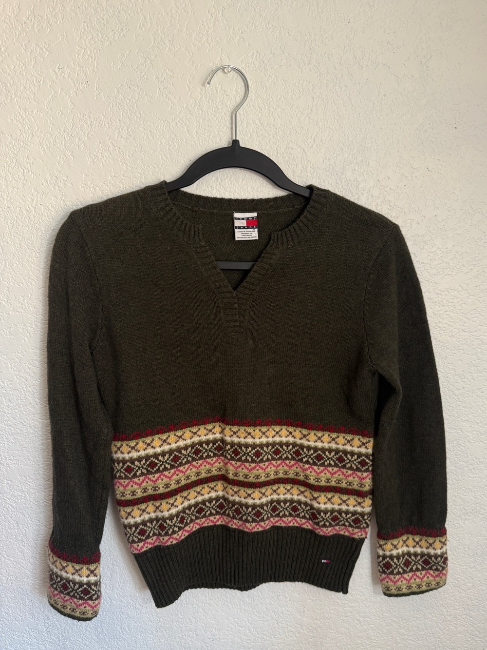 Vintage Tommy Hilfiger Fair Isle Lambswool Sweater Olive Green Size M - Picture 1 of 6